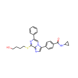 O=C(NC1CC1)c1ccc(-c2cnc3c(SCCCCO)nc(-c4ccccc4)cn23)cc1 ZINC000072316958