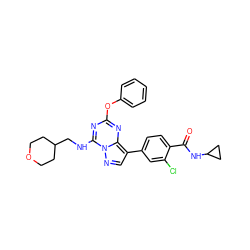 O=C(NC1CC1)c1ccc(-c2cnn3c(NCC4CCOCC4)nc(Oc4ccccc4)nc23)cc1Cl ZINC000221952735