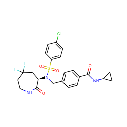 O=C(NC1CC1)c1ccc(CN([C@@H]2CC(F)(F)CCNC2=O)S(=O)(=O)c2ccc(Cl)cc2)cc1 ZINC000029130181