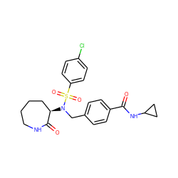 O=C(NC1CC1)c1ccc(CN([C@@H]2CCCCNC2=O)S(=O)(=O)c2ccc(Cl)cc2)cc1 ZINC000029129290