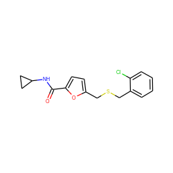 O=C(NC1CC1)c1ccc(CSCc2ccccc2Cl)o1 ZINC000000262416