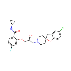 O=C(NC1CC1)c1ccc(F)cc1OC[C@@H](O)CN1CCC2(CC1)Cc1cc(Cl)ccc1O2 ZINC000038802926