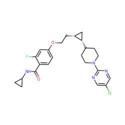 O=C(NC1CC1)c1ccc(OCC[C@@H]2C[C@@H]2C2CCN(c3ncc(Cl)cn3)CC2)cc1F ZINC000071341722