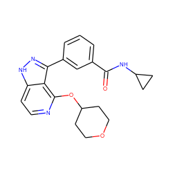 O=C(NC1CC1)c1cccc(-c2n[nH]c3ccnc(OC4CCOCC4)c23)c1 ZINC000114772079