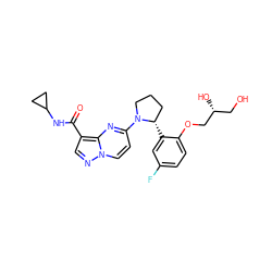 O=C(NC1CC1)c1cnn2ccc(N3CCC[C@@H]3c3cc(F)ccc3OC[C@H](O)CO)nc12 ZINC000115052933