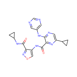 O=C(NC1CC1)c1nocc1NC(=O)c1nc(C2CC2)cnc1Nc1cncnc1 ZINC000169701784