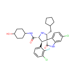 O=C(NC1CCC(O)CC1)[C@@H]1N[C@H](CC2CCCC2)[C@]2(C(=O)Nc3cc(Cl)ccc32)[C@H]1c1cccc(Cl)c1F ZINC000146893770