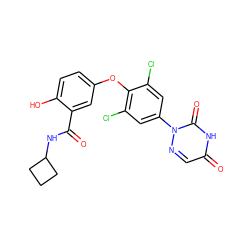 O=C(NC1CCC1)c1cc(Oc2c(Cl)cc(-n3ncc(=O)[nH]c3=O)cc2Cl)ccc1O ZINC000013487256