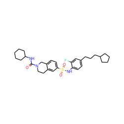 O=C(NC1CCCCC1)N1CCc2cc(S(=O)(=O)Nc3ccc(CCCC4CCCC4)cc3F)ccc2C1 ZINC000261104701