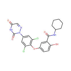 O=C(NC1CCCCC1)c1cc(Oc2c(Cl)cc(-n3ncc(=O)[nH]c3=O)cc2Cl)ccc1O ZINC000013487255