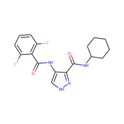 O=C(NC1CCCCC1)c1n[nH]cc1NC(=O)c1c(F)cccc1F ZINC000040379536