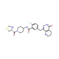 O=C(NC1CCN(C(=O)[C@@H]2CSCN2)CC1)c1cc(Cc2n[nH]c(=O)c3c2NCCC3)ccc1F ZINC000140231724