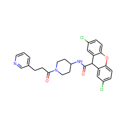 O=C(NC1CCN(C(=O)CCc2cccnc2)CC1)C1c2cc(Cl)ccc2Oc2ccc(Cl)cc21 ZINC000028818607