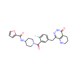 O=C(NC1CCN(C(=O)c2cc(Cc3n[nH]c(=O)c4c3NCCC4)ccc2F)CC1)c1ccco1 ZINC000140055054