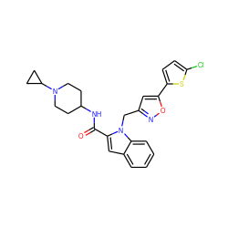 O=C(NC1CCN(C2CC2)CC1)c1cc2ccccc2n1Cc1cc(-c2ccc(Cl)s2)on1 ZINC000014959632