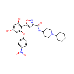 O=C(NC1CCN(C2CCCCC2)CC1)c1cc(-c2c(O)cc(O)cc2Oc2ccc([N+](=O)[O-])cc2)on1 ZINC000096940103