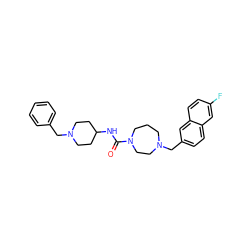 O=C(NC1CCN(Cc2ccccc2)CC1)N1CCCN(Cc2ccc3cc(F)ccc3c2)CC1 ZINC000095576813