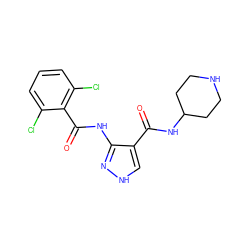 O=C(NC1CCNCC1)c1c[nH]nc1NC(=O)c1c(Cl)cccc1Cl ZINC001772651154