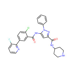 O=C(NC1CCNCC1)c1cc(NC(=O)c2cc(-c3ncccc3F)ccc2Cl)n(-c2ccccc2)n1 ZINC001772651938