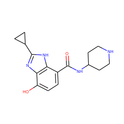 O=C(NC1CCNCC1)c1ccc(O)c2nc(C3CC3)[nH]c12 ZINC000118675578