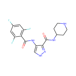 O=C(NC1CCNCC1)c1n[nH]cc1NC(=O)c1c(F)cc(F)cc1F ZINC000040980927