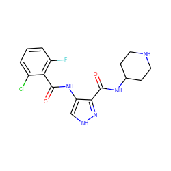 O=C(NC1CCNCC1)c1n[nH]cc1NC(=O)c1c(F)cccc1Cl ZINC000040976506