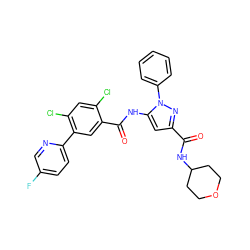 O=C(NC1CCOCC1)c1cc(NC(=O)c2cc(-c3ccc(F)cn3)c(Cl)cc2Cl)n(-c2ccccc2)n1 ZINC001772604518