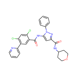 O=C(NC1CCOCC1)c1cc(NC(=O)c2cc(-c3ccccn3)c(Cl)cc2Cl)n(-c2ccccc2)n1 ZINC001772570263