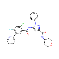 O=C(NC1CCOCC1)c1cc(NC(=O)c2cc(-c3ccccn3)c(F)cc2Cl)n(-c2ccccc2)n1 ZINC001772636689