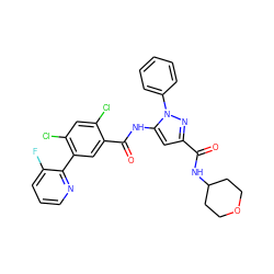 O=C(NC1CCOCC1)c1cc(NC(=O)c2cc(-c3ncccc3F)c(Cl)cc2Cl)n(-c2ccccc2)n1 ZINC001772649440