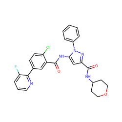 O=C(NC1CCOCC1)c1cc(NC(=O)c2cc(-c3ncccc3F)ccc2Cl)n(-c2ccccc2)n1 ZINC001772618956