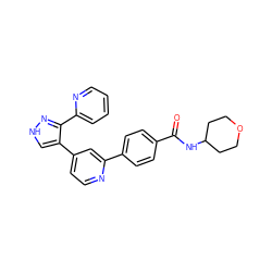 O=C(NC1CCOCC1)c1ccc(-c2cc(-c3c[nH]nc3-c3ccccn3)ccn2)cc1 ZINC000013684484