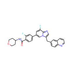 O=C(NC1CCOCC1)c1ccc(-c2cc(F)c3ncc(Cc4ccc5ncccc5c4)n3c2)cc1F ZINC000205319458