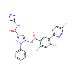 O=C(NC1CNC1)c1cc(NC(=O)c2cc(-c3ccc(F)cn3)c(Cl)cc2Cl)n(-c2ccccc2)n1 ZINC001772633890