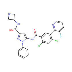 O=C(NC1CNC1)c1cc(NC(=O)c2cc(-c3ncccc3F)c(Cl)cc2Cl)n(-c2ccccc2)n1 ZINC001772605315