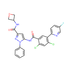 O=C(NC1COC1)c1cc(NC(=O)c2cc(-c3ccc(F)cn3)c(Cl)cc2Cl)n(-c2ccccc2)n1 ZINC001772622311