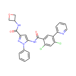 O=C(NC1COC1)c1cc(NC(=O)c2cc(-c3ccccn3)c(Cl)cc2Cl)n(-c2ccccc2)n1 ZINC001772612587