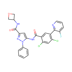 O=C(NC1COC1)c1cc(NC(=O)c2cc(-c3ncccc3F)c(Cl)cc2Cl)n(-c2ccccc2)n1 ZINC001772635162