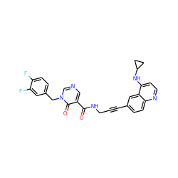 O=C(NCC#Cc1ccc2nccc(NC3CC3)c2c1)c1cncn(Cc2ccc(F)c(F)c2)c1=O ZINC000096176221