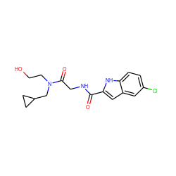 O=C(NCC(=O)N(CCO)CC1CC1)c1cc2cc(Cl)ccc2[nH]1 ZINC000028134214