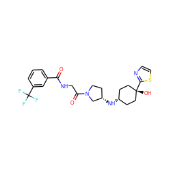 O=C(NCC(=O)N1CC[C@H](N[C@H]2CC[C@@](O)(c3nccs3)CC2)C1)c1cccc(C(F)(F)F)c1 ZINC000261145859