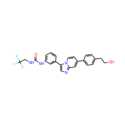 O=C(NCC(F)(F)F)Nc1cccc(-c2cnc3cc(-c4ccc(CCO)cc4)ccn23)c1 ZINC000139570711