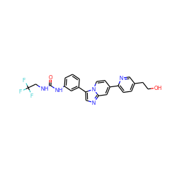 O=C(NCC(F)(F)F)Nc1cccc(-c2cnc3cc(-c4ccc(CCO)cn4)ccn23)c1 ZINC000146934253