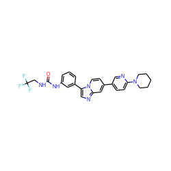 O=C(NCC(F)(F)F)Nc1cccc(-c2cnc3cc(-c4ccc(N5CCCCC5)nc4)ccn23)c1 ZINC000147370873