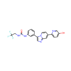 O=C(NCC(F)(F)F)Nc1cccc(-c2cnc3cc(-c4ccc(O)cn4)ccn23)c1 ZINC000169704668