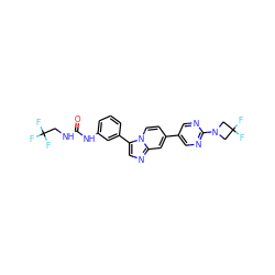 O=C(NCC(F)(F)F)Nc1cccc(-c2cnc3cc(-c4cnc(N5CC(F)(F)C5)nc4)ccn23)c1 ZINC000147102541