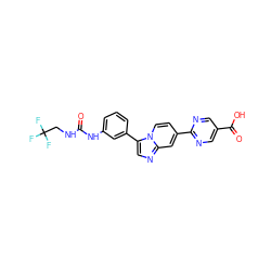 O=C(NCC(F)(F)F)Nc1cccc(-c2cnc3cc(-c4ncc(C(=O)O)cn4)ccn23)c1 ZINC000139680874