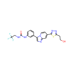 O=C(NCC(F)(F)F)Nc1cccc(-c2cnc3cc(-c4nnc(CCO)s4)ccn23)c1 ZINC000169704711