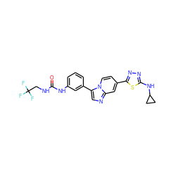 O=C(NCC(F)(F)F)Nc1cccc(-c2cnc3cc(-c4nnc(NC5CC5)s4)ccn23)c1 ZINC000169704706