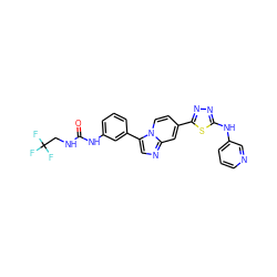 O=C(NCC(F)(F)F)Nc1cccc(-c2cnc3cc(-c4nnc(Nc5cccnc5)s4)ccn23)c1 ZINC000169704731